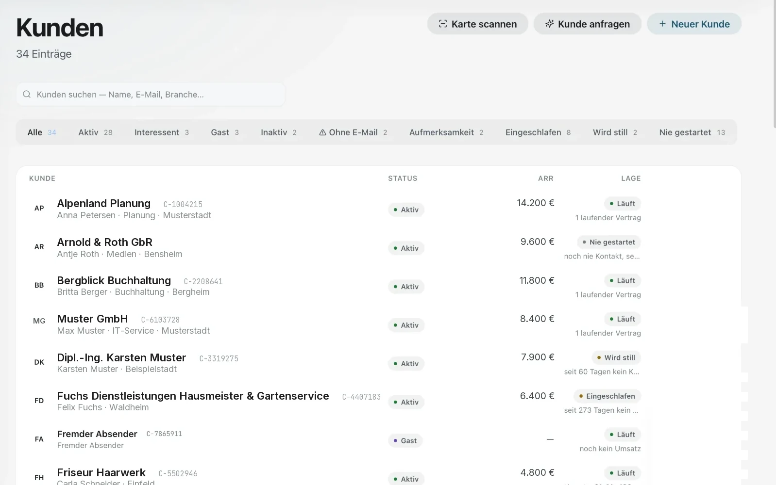 CXHUB-Kundenliste mit Status, ARR und Lage-Spalte, anonymisierte Ansicht