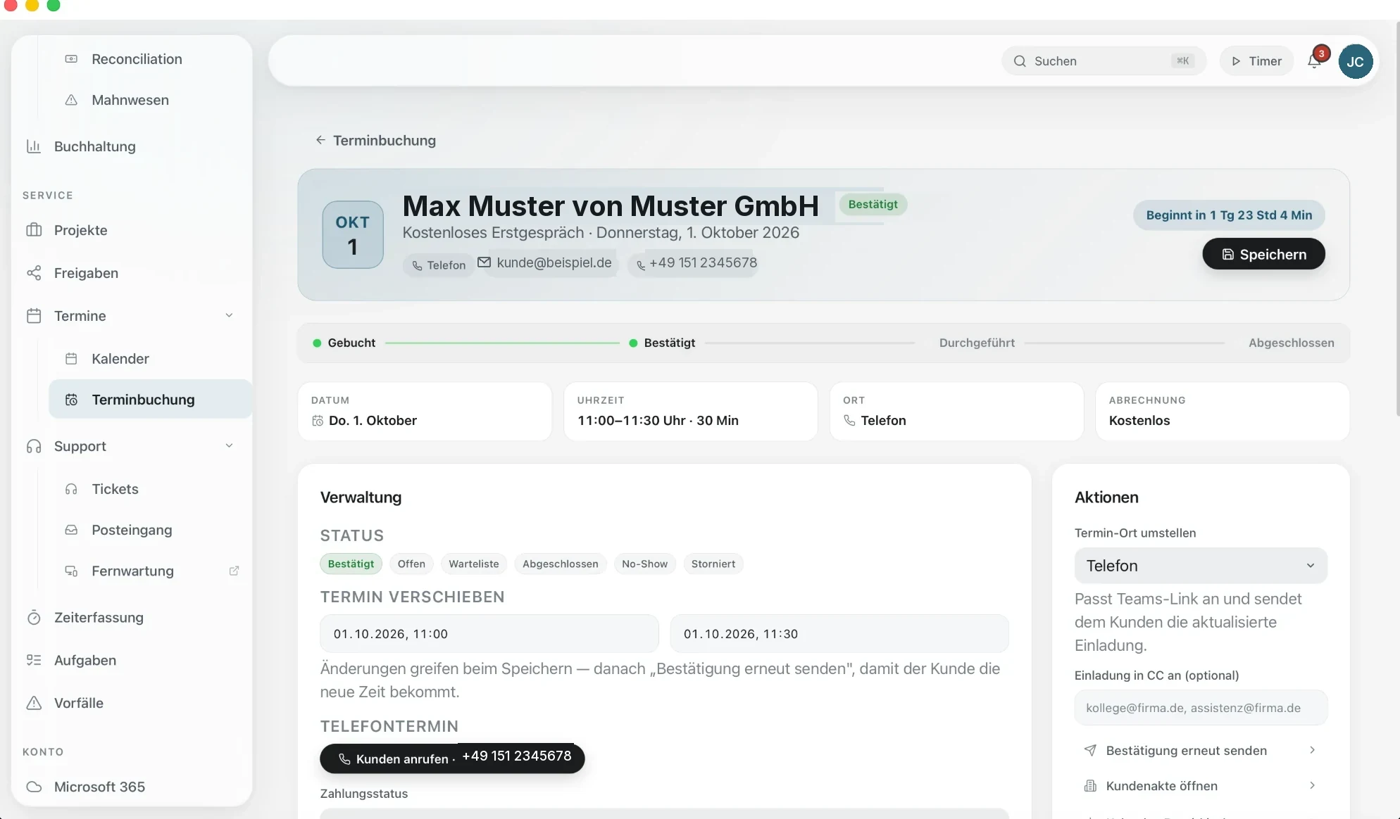 Terminbuchung in CXHUB nach einer Portal-Buchung: bestätigter Termin mit Statuskette und Aktionen, anonymisierte Ansicht