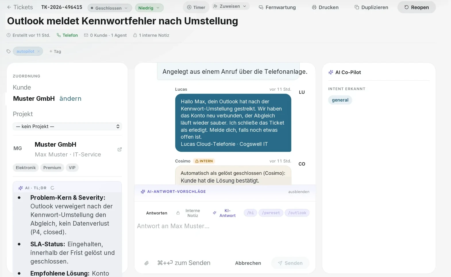 Ticket in CXHUB mit AI Co-Pilot, TL;DR und Antwort-Vorschlägen, anonymisierte Ansicht