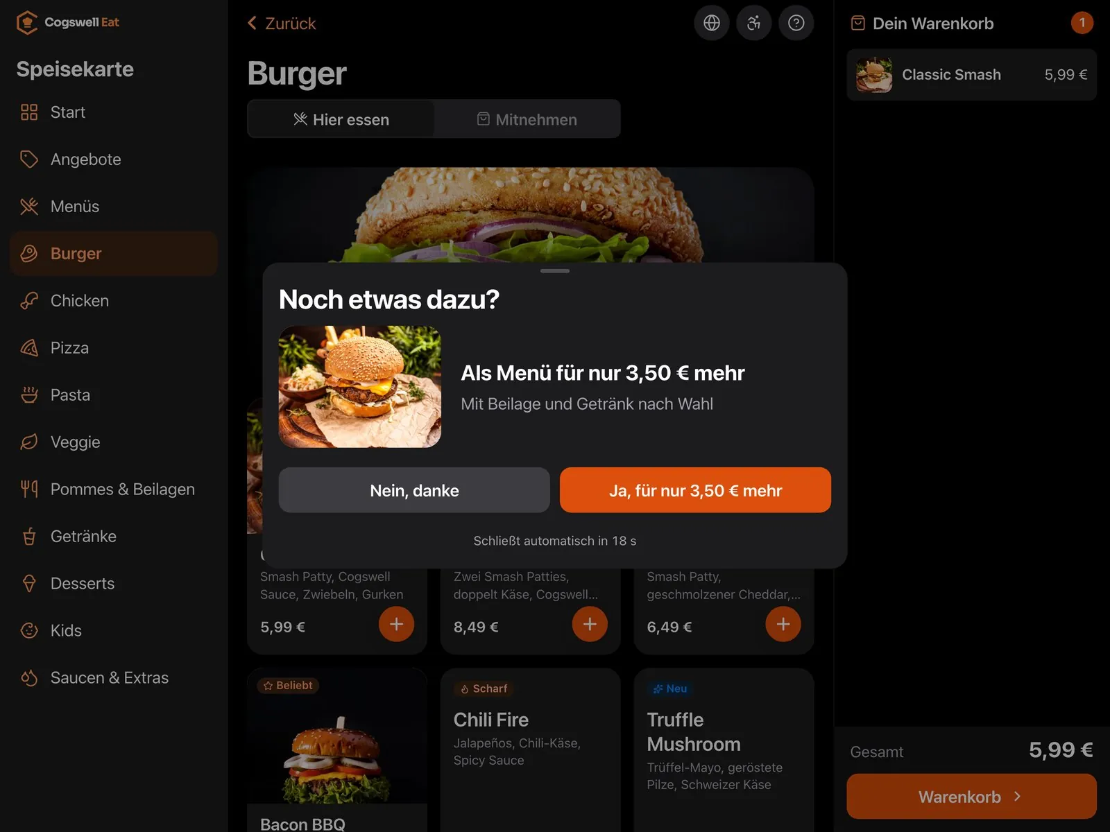 Kiosk bietet das Classic Smash als Menü für 3,50 Euro mehr an